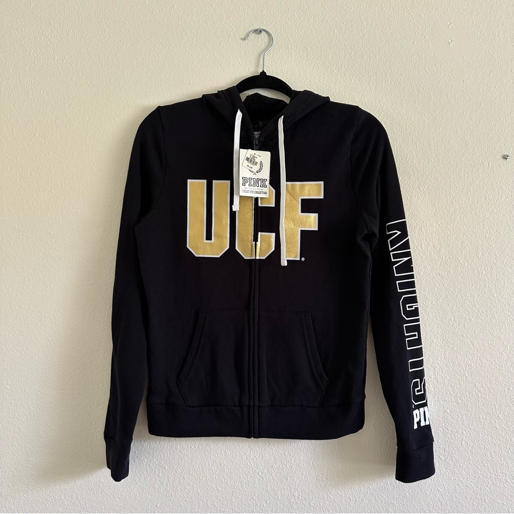 NWT, Women’s Pink Victoria’s Secret Black UCF Hoodie with Gold Lettering, XS